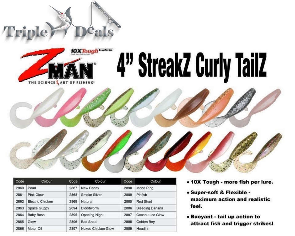 5 Pack of Zman 4" Streakz Curly Tailz Soft Plastic Lures - Z man Soft ...