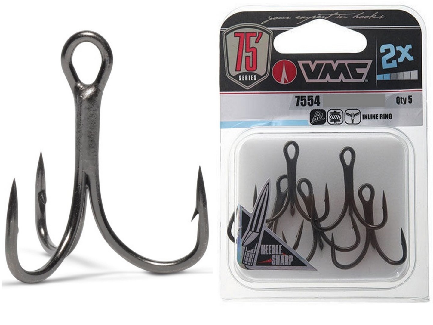 5 Pack of Size 1 VMC 7554 CB Coastal Black Inline Treble Hooks-2x Strong  Trebles