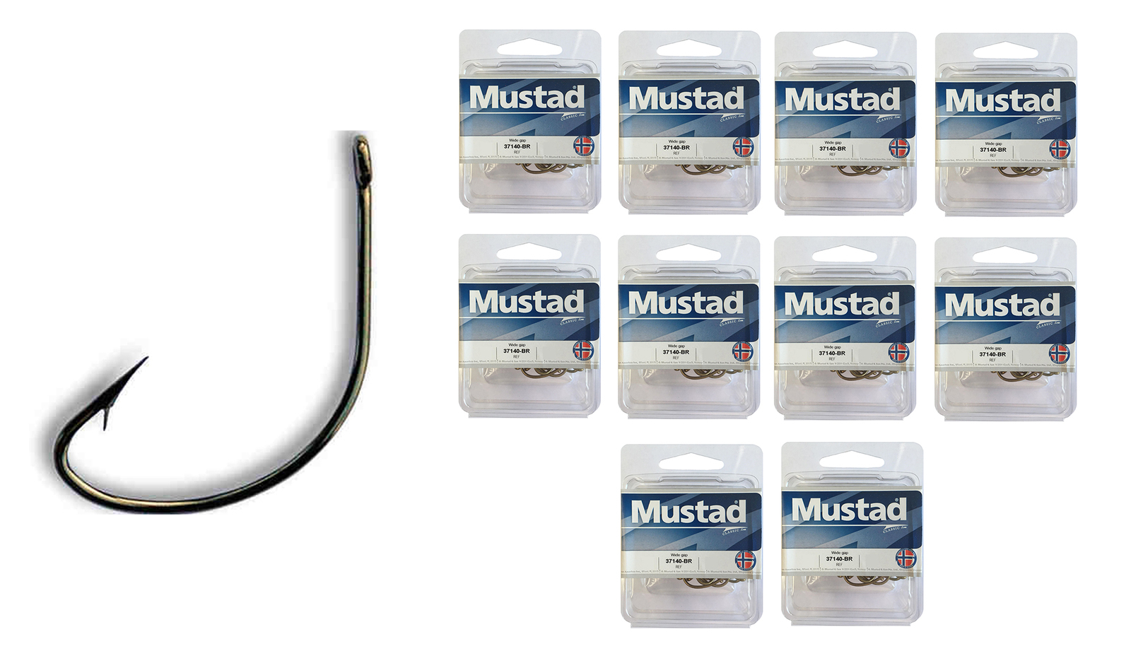 10 Boxes of Mustad 37140 Bronze Wide Gap Fishing Hooks
