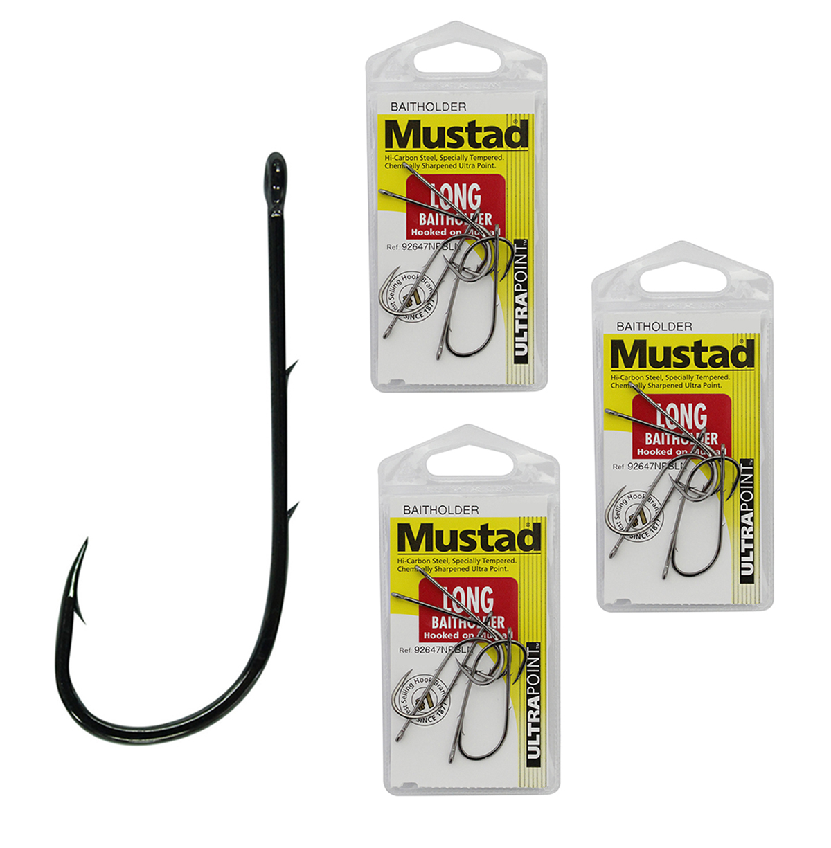 1 Packet of Mustad 92647NPBLN Long Baitholder Chemically Sharp Fishing Hooks