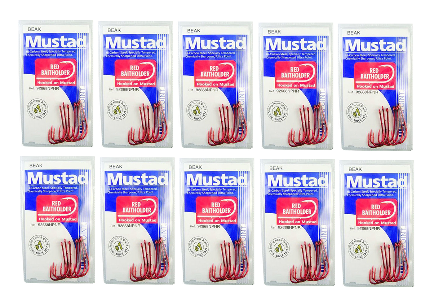 1 Packet of Mustad 92668NPNR Red Baitholder Chemically Sharp