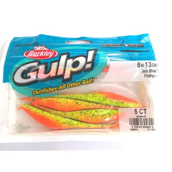5 Pack of Berkley Gulp 5 Inch Jerk Shad Firetiger Soft Plastic Fishing Lure