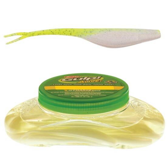 Tub of Berkley Gulp! Alive! 7" Jerk Shad Recharge Baits - Chartreuse Pepper Neon