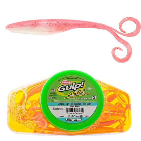 Tub of Berkley Gulp!Alive! 5 Inch Crazy Legs Jerk Shad Recharge Baits-Pink Shine