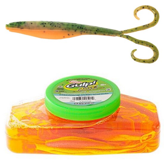 Tub of Berkley Gulp!Alive! 5"Crazy Legs Jerk Shad Recharge Baits-Lime Tiger Glow