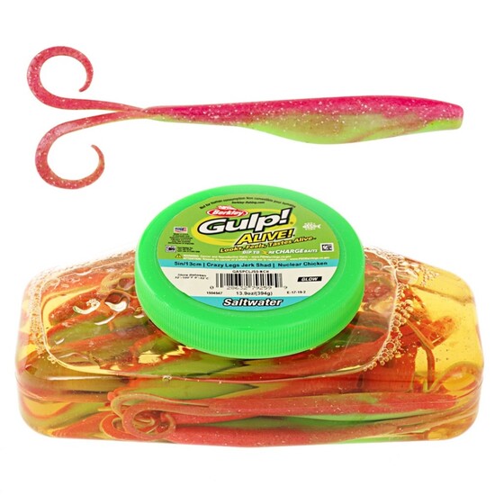 Tub of Berkley Gulp!Alive! 5"Crazy Legs Jerk Shad Recharge Baits-Nuclear Chicken