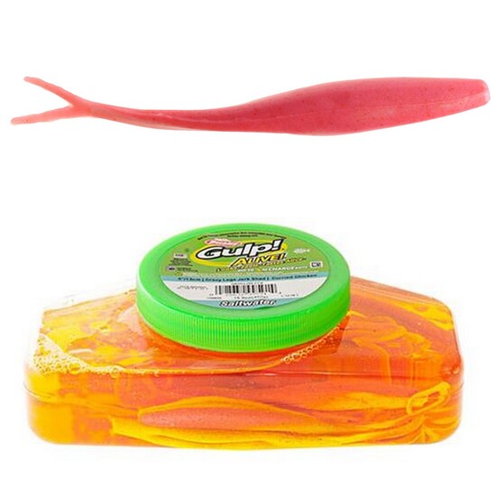 Tub of Berkley Gulp! Alive! 7 Inch Jerk Shad Recharge Baits - Pink Shine