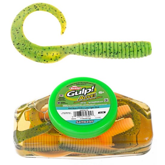 Tub of Berkley Gulp! Alive! 6 Inch Grubs Recharge Baits - Lime Tiger Glow