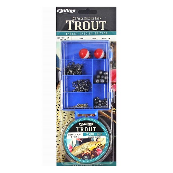 Gillies Trout Tackle Pack - 100 Piece Assorted Tackle Kit With 6lb Fishing Line