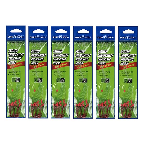 6 Packets of Surecatch Snelled Chemically Sharp Red Long Shank Hook Rigs-72 Rigs