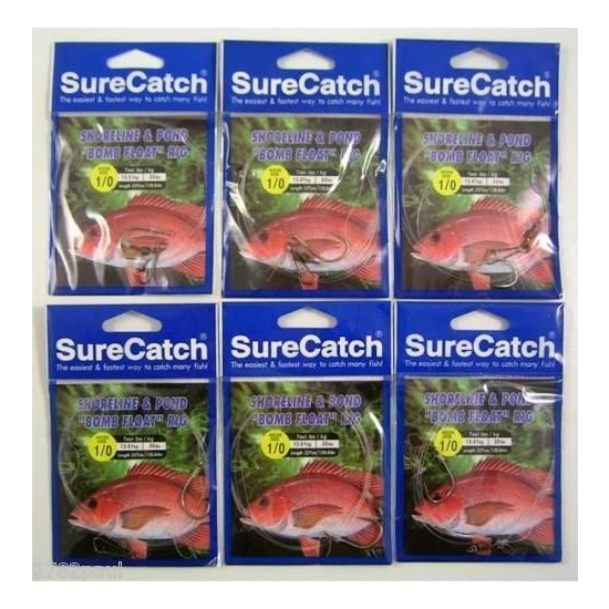 6 x Size 1/0 Shoreline and Pond Bomb Float Fishing Rigs with 25lb Leader Line