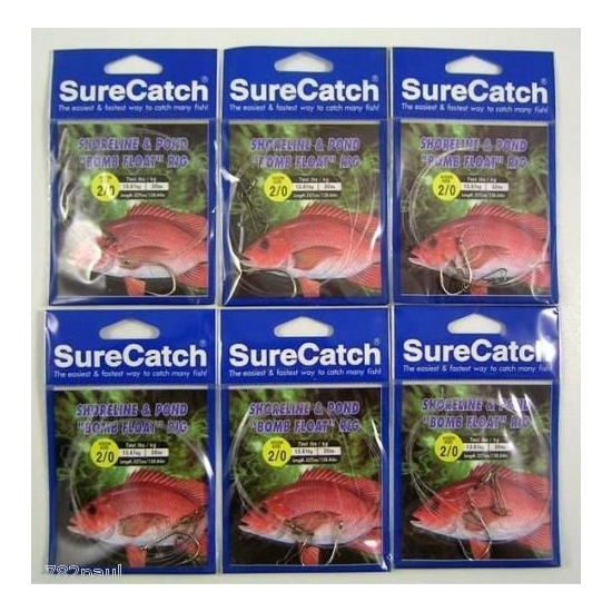 6 x Size 2/0 Shoreline and Pond Bomb Float Fishing Rigs with 25lb Leader Line
