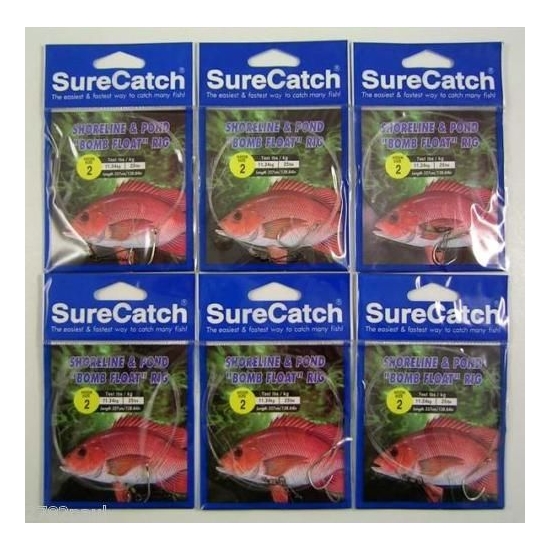 6 x Size 2 Shoreline and Pond Bomb Float Fishing Rigs with 25lb Leader Line