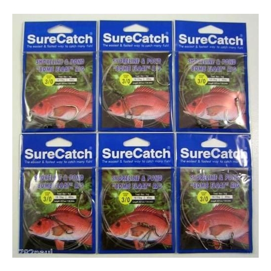 6 x Size 3/0 Shoreline and Pond Bomb Float Fishing Rigs with 25lb Leader Line