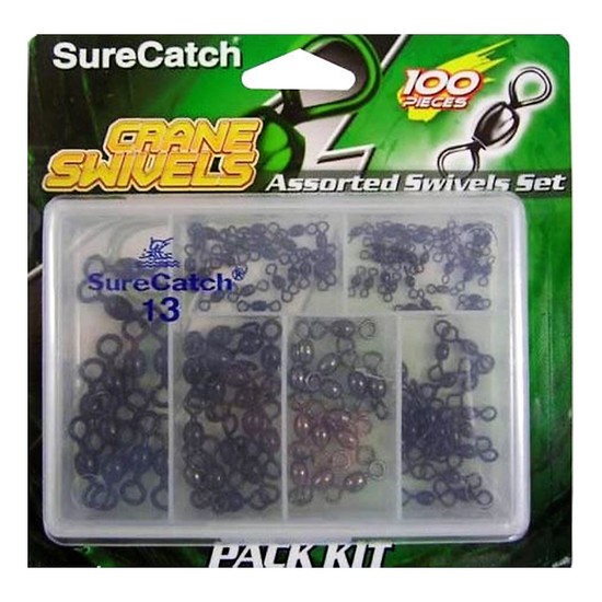 100 x Surecatch Assorted Black Crane Swivels in Fishing Tackle Box