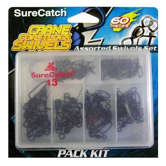 60 x Surecatch Assorted Black Crane Swivels with Coastlock Snaps in Tackle Box