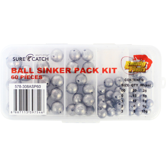 Surecatch Ball Sinkers - 60 Piece Bulk Pack - Super Value 5 Popular Sizes