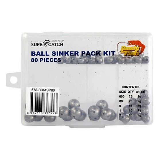 80 Ball Sinkers in Tackle Box - Surecatch Assorted Ball Sinker Pack