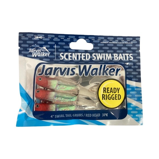 3 Pack of Jarvis Walker 4" Rigged Swirl Tail Grub Soft Plastic Lures - Red Head