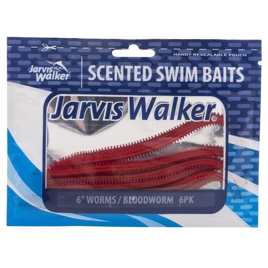 6 Pack of Jarvis Walker 6 Inch Scented Worm Soft Body Lures - Bloodworm