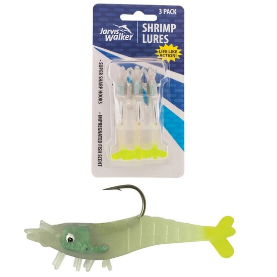 3 Pack of Rigged Jarvis Walker Scented Shrimp Soft Body Lures - Glo Chartreuse