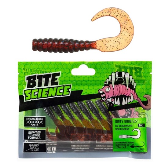 8 Pack of 2.5 Inch Bite Science Dirty Grubs Soft Plastic Lures - Bloodworm