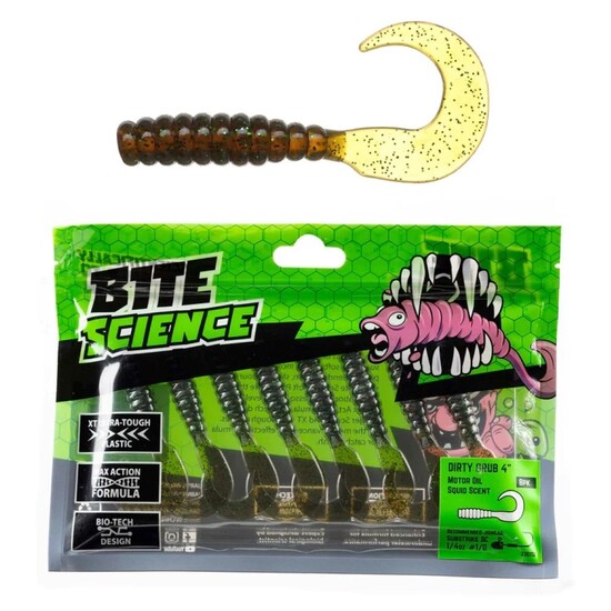 8 Pack of 4 Inch Bite Science Dirty Grubs Soft Plastic Lures - Motor Oil