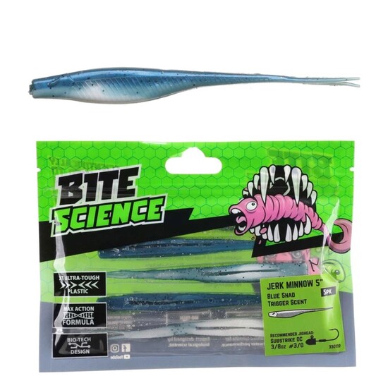 5 Pack of 5 Inch Bite Science Jerk Minnow Soft Plastic Lures - Blue Shad