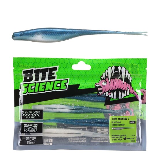 4 Pack of 7 Inch Bite Science Jerk Minnow Soft Plastic Lures - Blue Shad