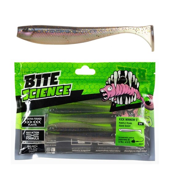 5 Pack of 5 Inch Bite Science Kick Minnow Soft Plastic Lures - Purple Pearl