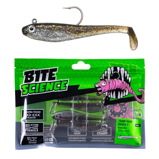 4 Pack of 4 Inch Bite Science Thump Shad Rigged Soft Plastic Lures - Bling Bait