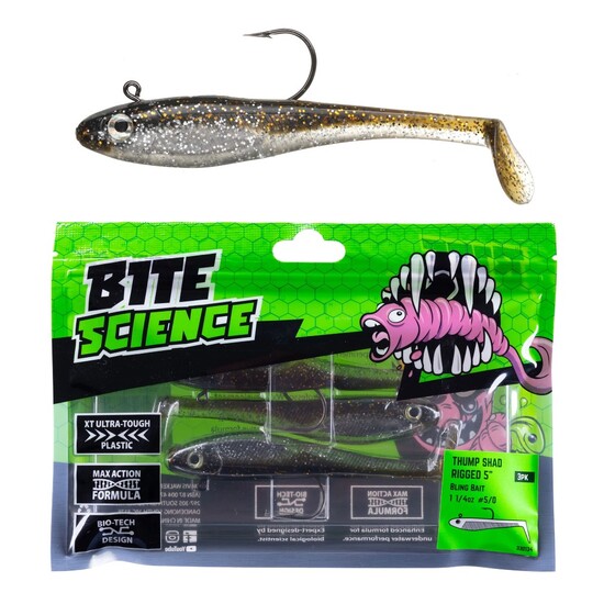 3 Pack of 5 Inch Bite Science Thump Shad Rigged Soft Plastic Lures - Bling Bait
