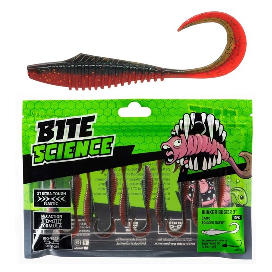 10 Pack of 3 Inch Bite Science Bunker Buster Soft Plastic Lures - Camo