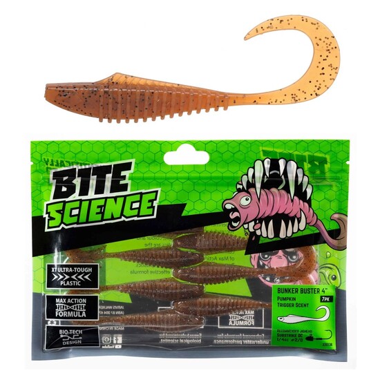 7 Pack of 4 Inch Bite Science Bunker Buster Soft Plastic Lures - Pumpkin