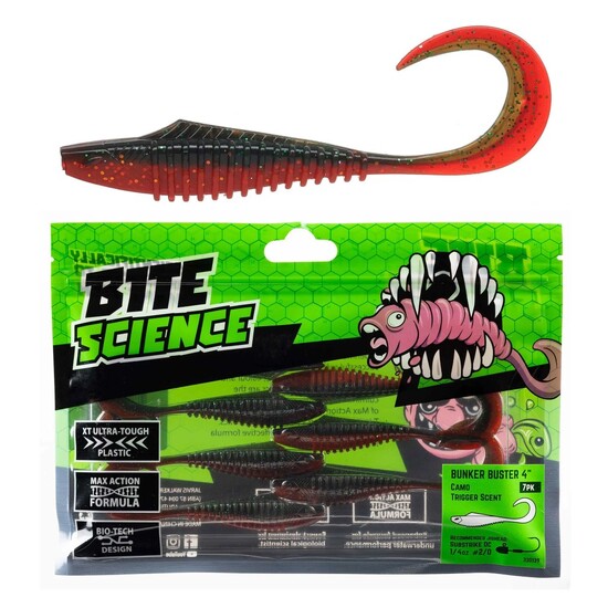 7 Pack of 4 Inch Bite Science Bunker Buster Soft Plastic Lures - Camo