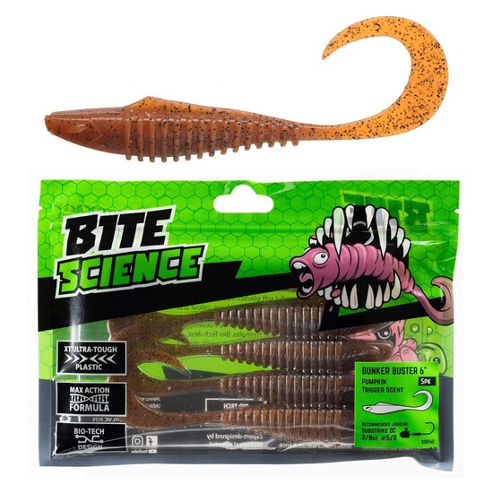 5 Pack of 6 Inch Bite Science Bunker Buster Soft Plastic Lures - Pumpkin