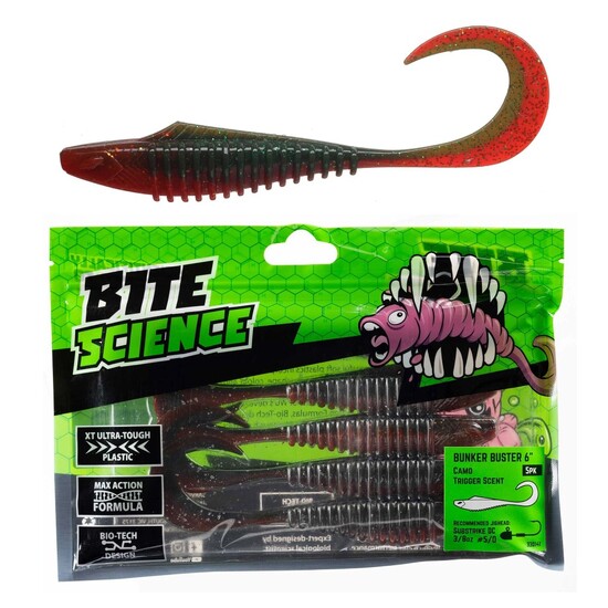 5 Pack of 6 Inch Bite Science Bunker Buster Soft Plastic Lures - Camo