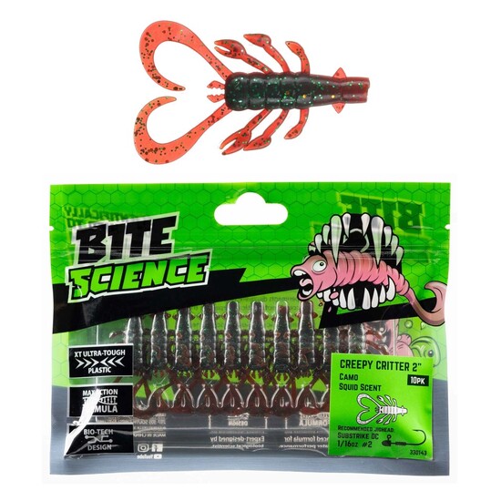 10 Pack of 2 Inch Bite Science Creepy Critter Soft Plastic Lures - Camo
