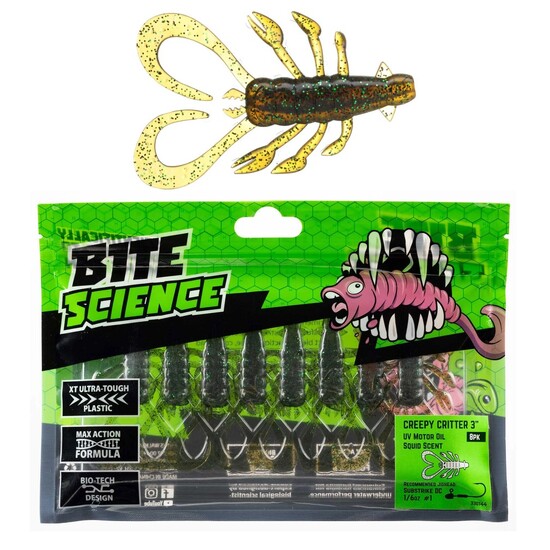 8 Pack of 3 Inch Bite Science Creepy Critter Soft Plastic Lures - UV Motor Oil
