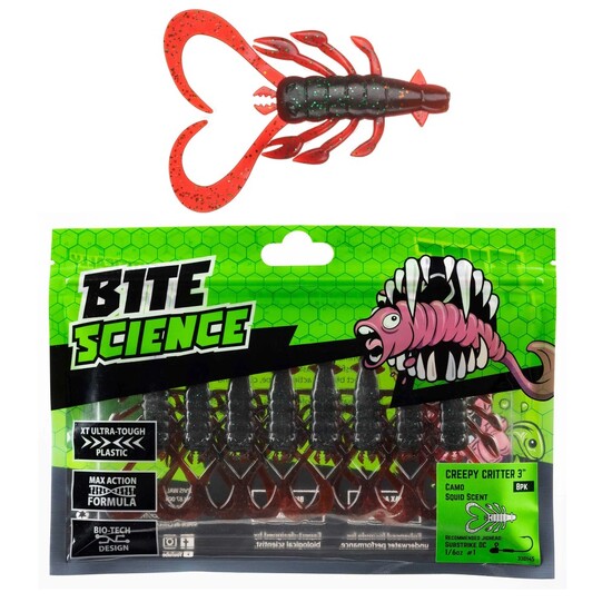 8 Pack of 3 Inch Bite Science Creepy Critter Soft Plastic Lures - Camo