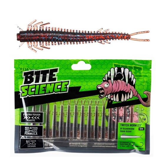 15 Pack of 2.5 Inch Bite Science Twitch Worm Soft Plastic Lures - Bloodworm