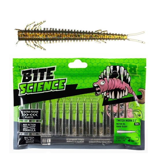 15 Pack of 2.5 Inch Bite Science Twitch Worm  Soft Plastic Lures - Motor Oil 