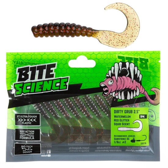 8 Pack of 2.5 Inch Bite Science Dirty Grubs Soft Plastics-Watermelon Red Glitter