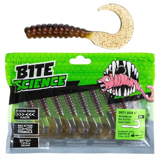 8 Pack of 4 Inch Bite Science Dirty Grubs Soft Plastics - Watermelon Red Glitter