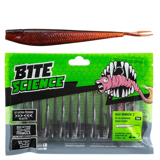 15 Pack of 3 Inch Bite Science Mad Minnow Soft Plastic Lures - UV Bloodworm