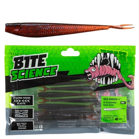 8 Pack of 4 Inch Bite Science Mad Minnow Soft Plastic Lures - UV Bloodworm