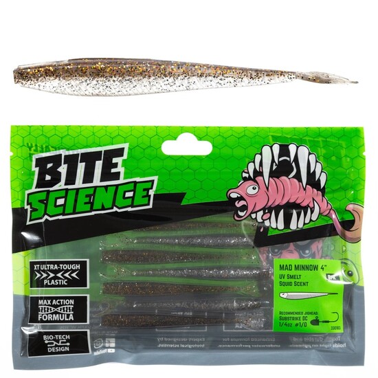 8 Pack of 4 Inch Bite Science Mad Minnow Soft Plastic Lures - UV Smelt