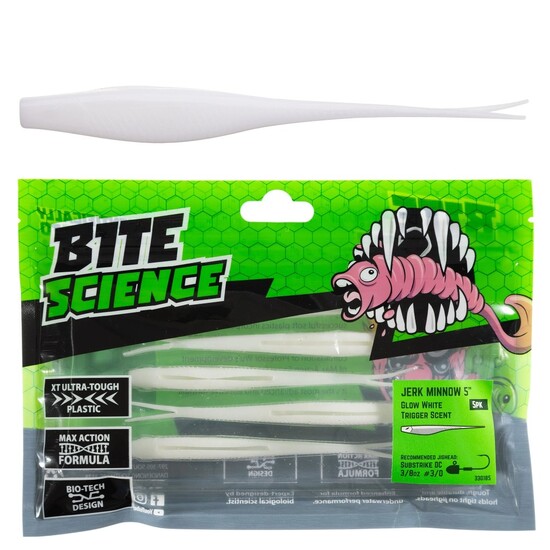 5 Pack of 5 Inch Bite Science Jerk Minnow Soft Plastic Lures - Glow White