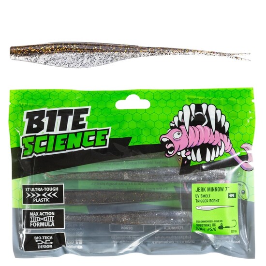 4 Pack of 7 Inch Bite Science Jerk Minnow Soft Plastic Lures - UV Smelt