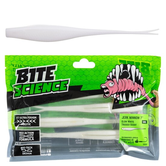 4 Pack of 7 Inch Bite Science Jerk Minnow Soft Plastic Lures - Glow White